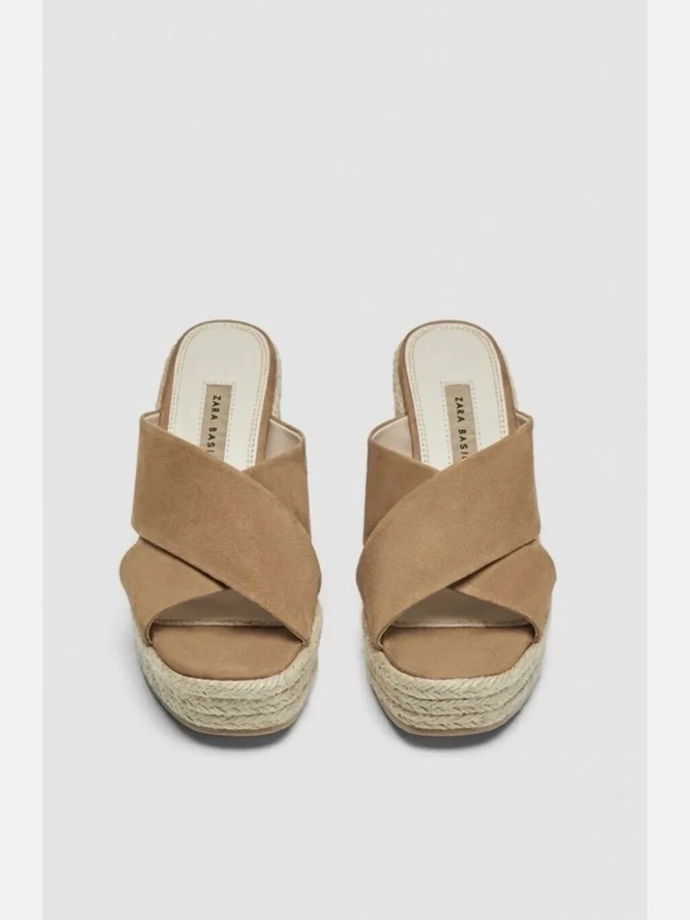 Zara Camel Suede Crossband Espadrille Wedge Slides